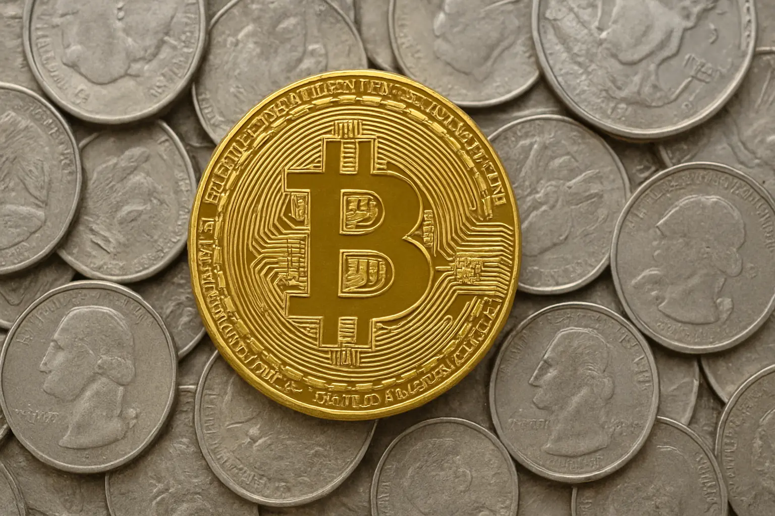 Đồng Bitcoin màu vàng nằm giữa nhiều đồng xu bạc tượng trưng cho tiền điện tử và tài sản kỹ thuật số.