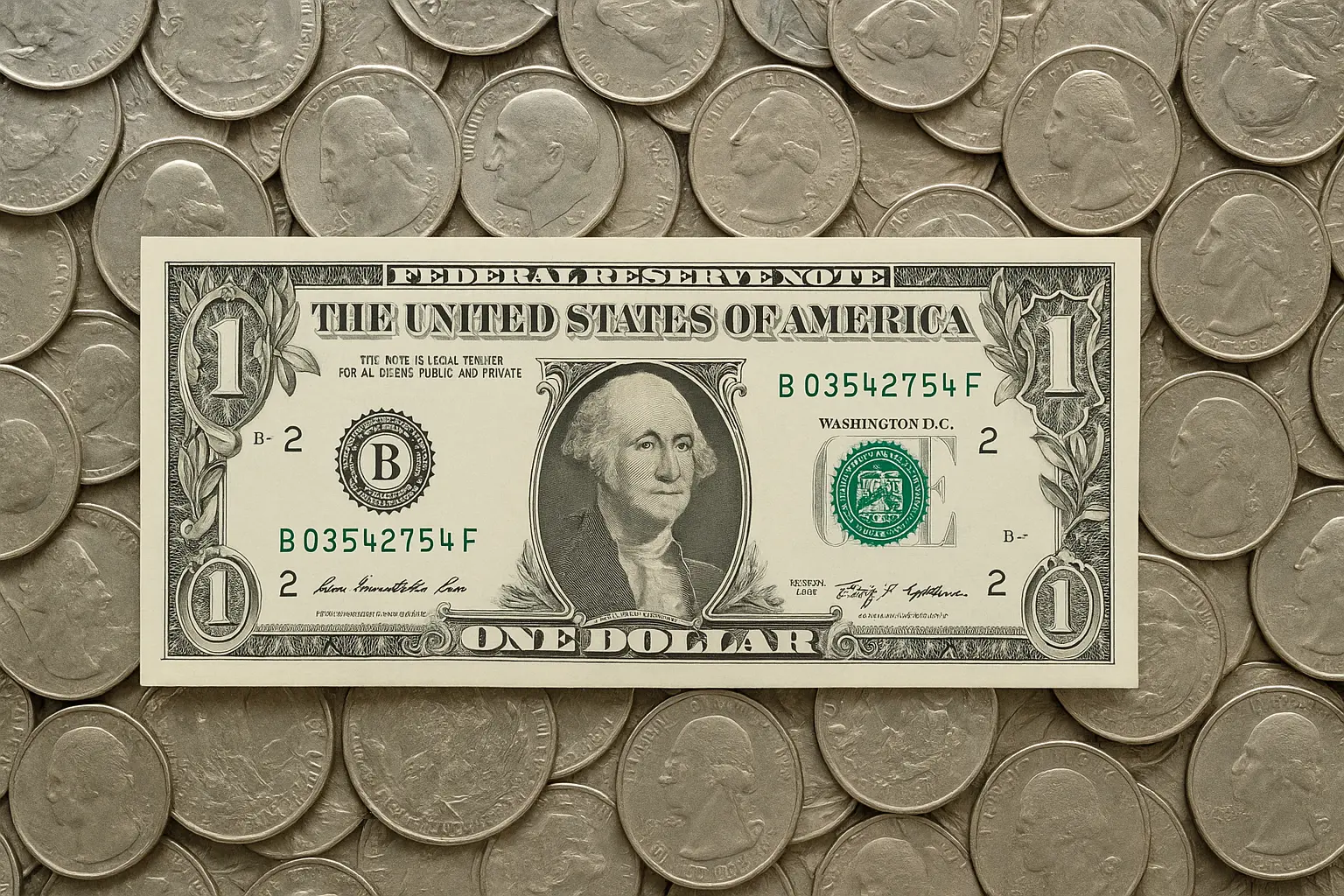 Tờ 1 USD Mỹ đặt trên nền nhiều đồng xu bạc tượng trưng cho tỷ giá ngoại tệ