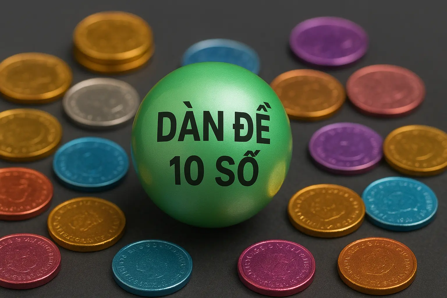 Quả cầu xổ số màu xanh ngọc in chữ “DÀN ĐỀ 10 SỐ” nằm giữa những đồng xu màu vàng, bạc, đỏ, xanh, tím lấp lánh trên nền tối.