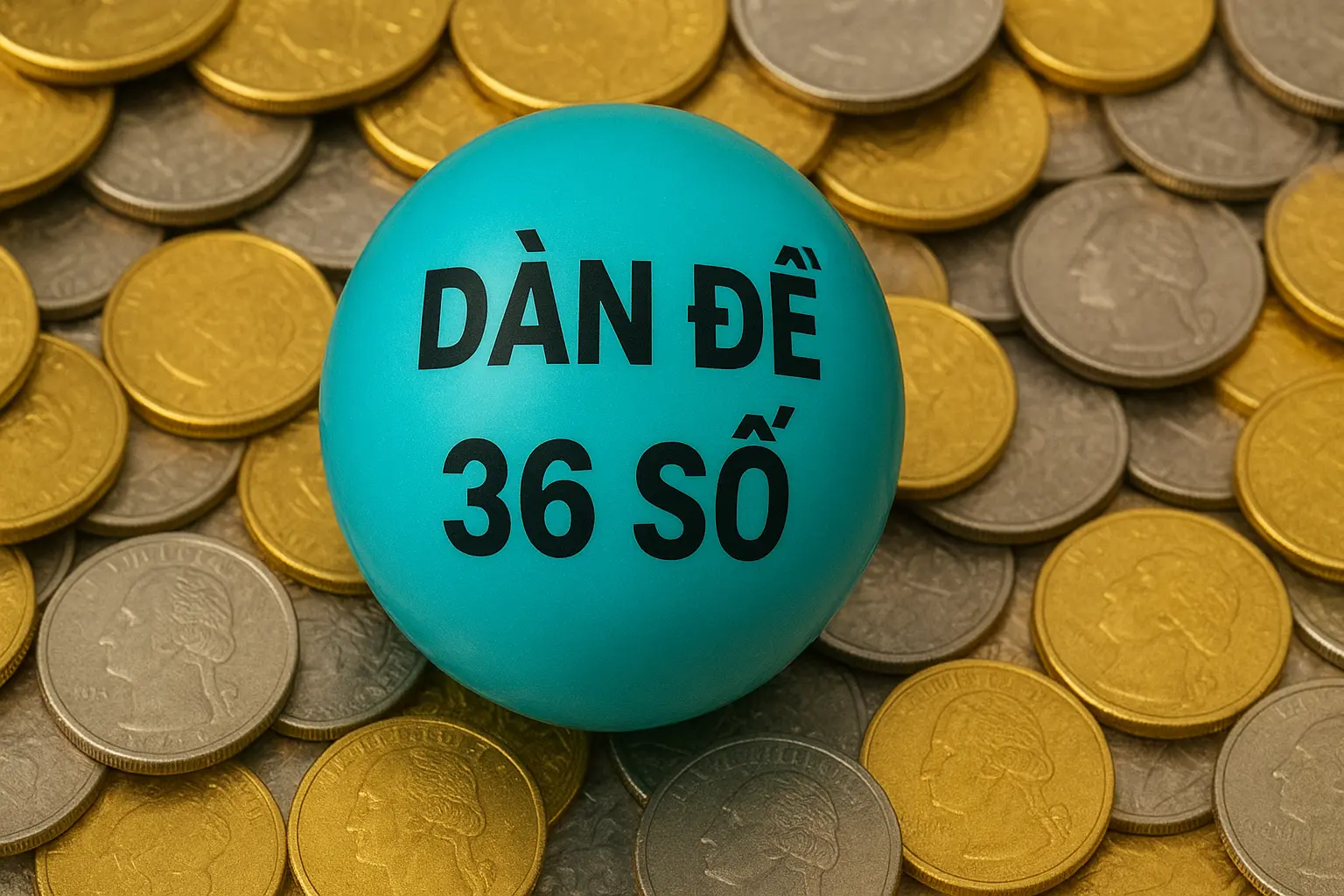 Quả cầu xổ số màu ngọc lam có dòng chữ “DÀN ĐỀ 36 SỐ” đặt giữa những đồng xu vàng và bạc sáng bóng, thể hiện chủ đề may mắn và tài vận.