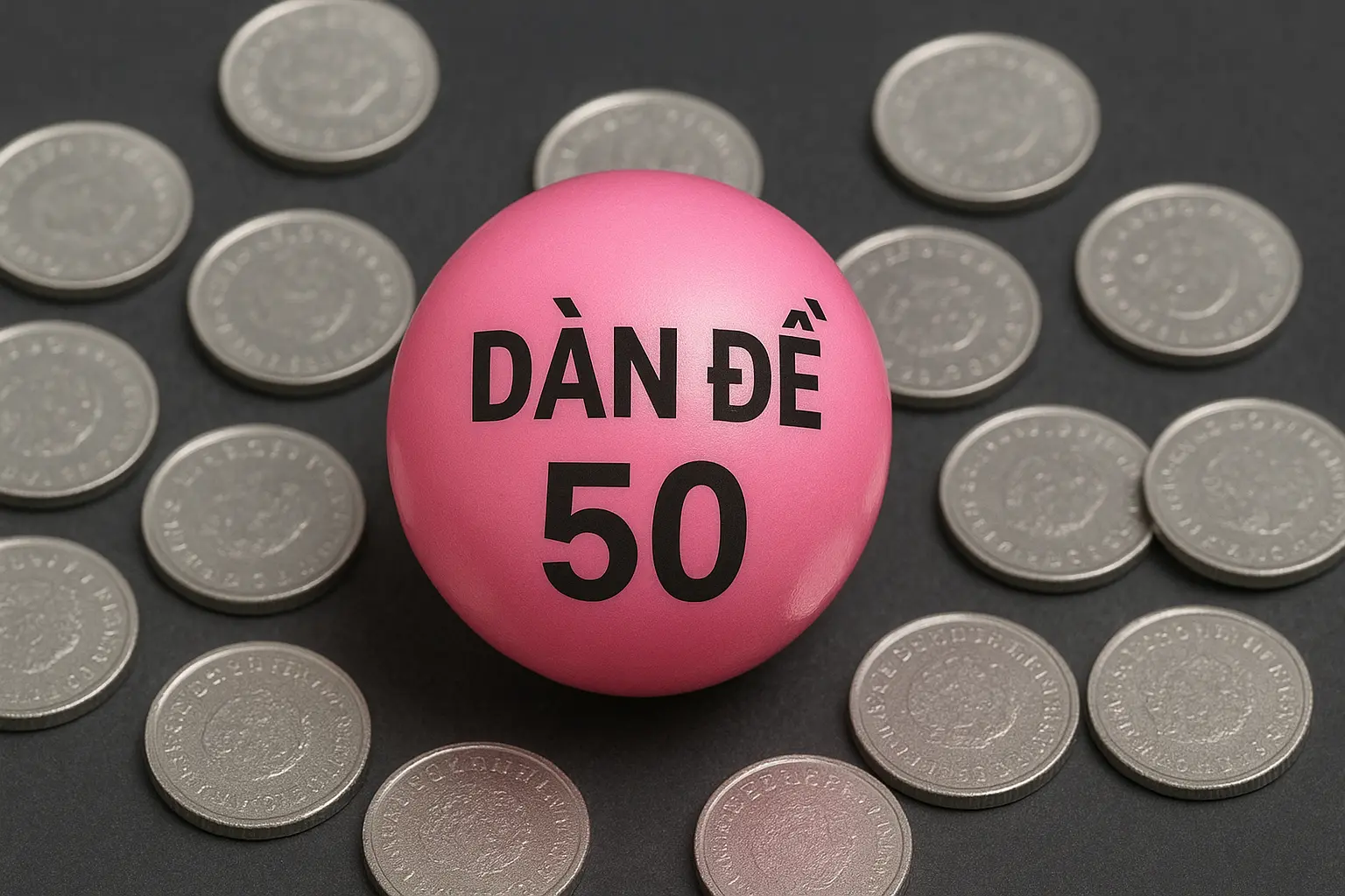 Quả cầu xổ số màu hồng ngọc in dòng chữ “DÀN ĐỀ 50” nằm giữa những đồng xu bạc lấp lánh trên nền tối.