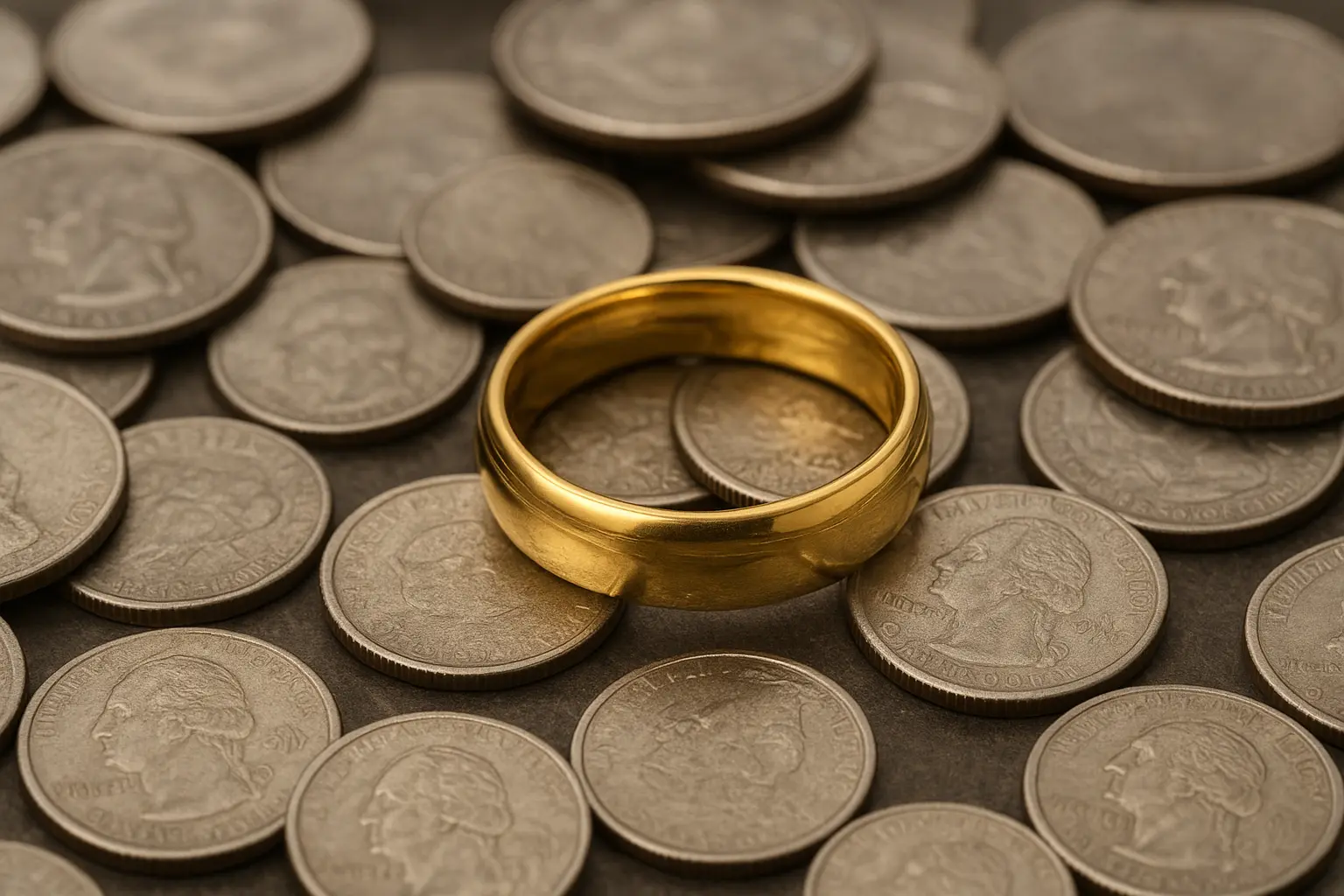 Gold ring on silver coins