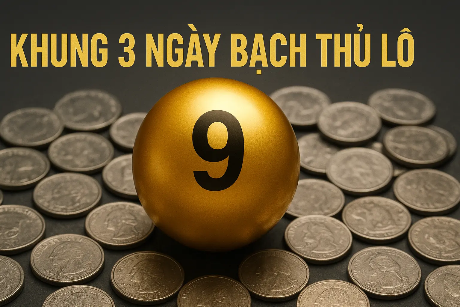 Quả cầu xổ số màu vàng kim nằm giữa những đồng tiền bạc, với dòng chữ “KHUNG 3 NGÀY BẠCH THỦ LÔ” nổi bật phía trên.