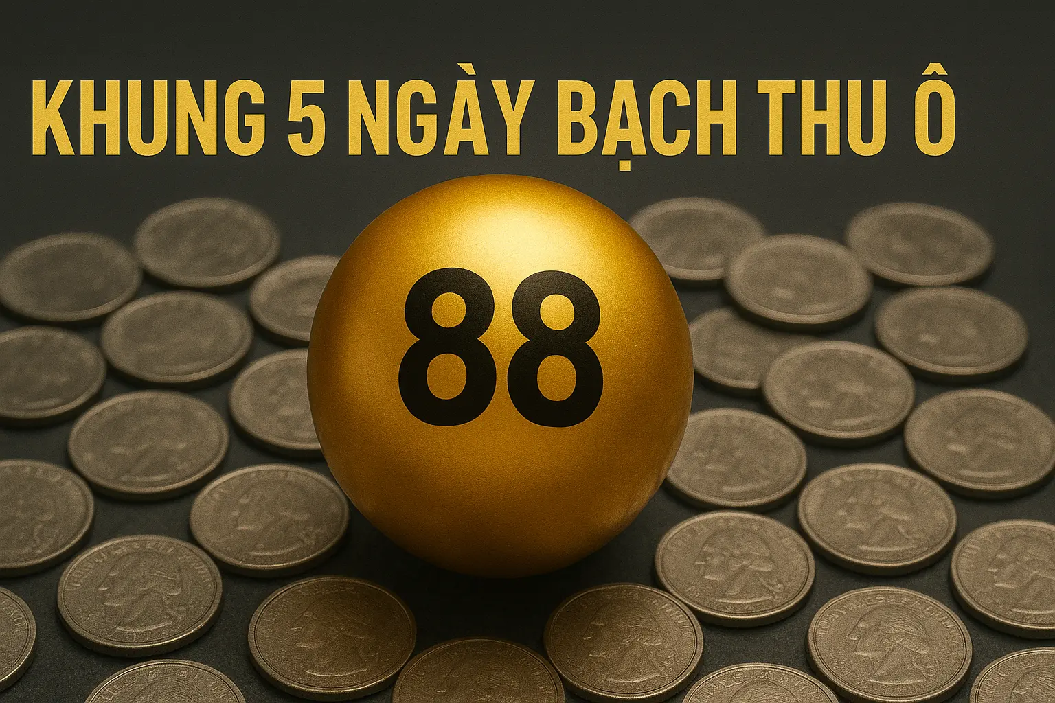 Quả cầu xổ số màu vàng kim in số 88 nằm giữa những đồng tiền bạc, với dòng chữ “KHUNG 5 NGÀY BẠCH THỦ LÔ” nổi bật ở phía trên.