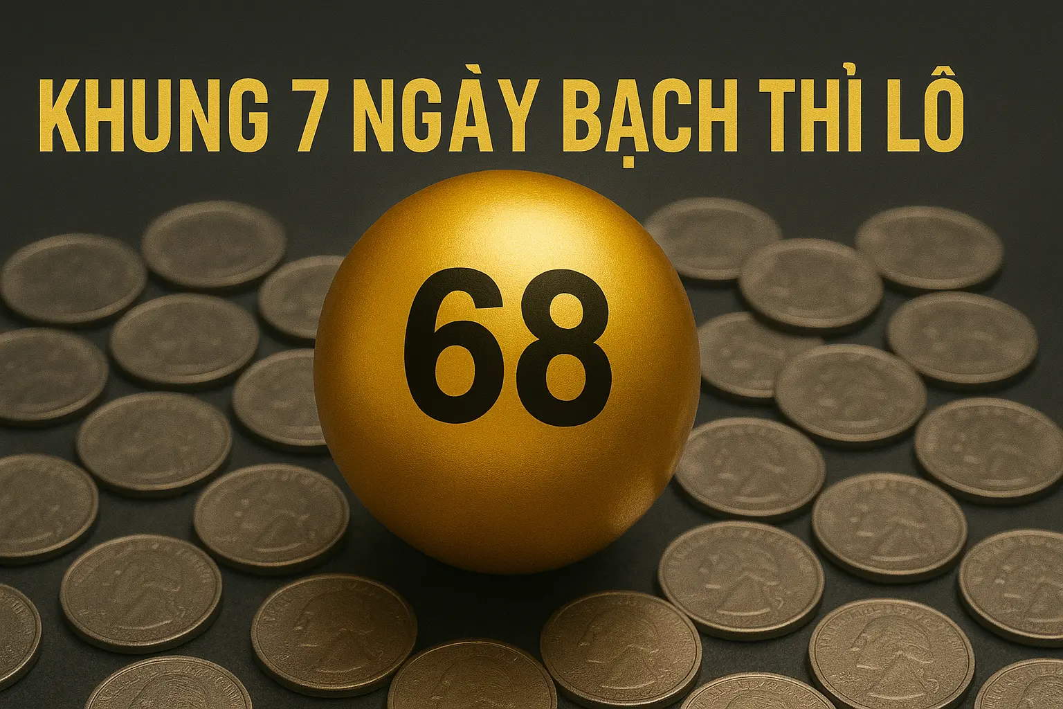 Quả cầu xổ số màu vàng kim in số 68 nằm giữa những đồng tiền xu bạc, phía trên có dòng chữ “KHUNG 7 NGÀY BẠCH THỦ LÔ” nổi bật trên nền tối.