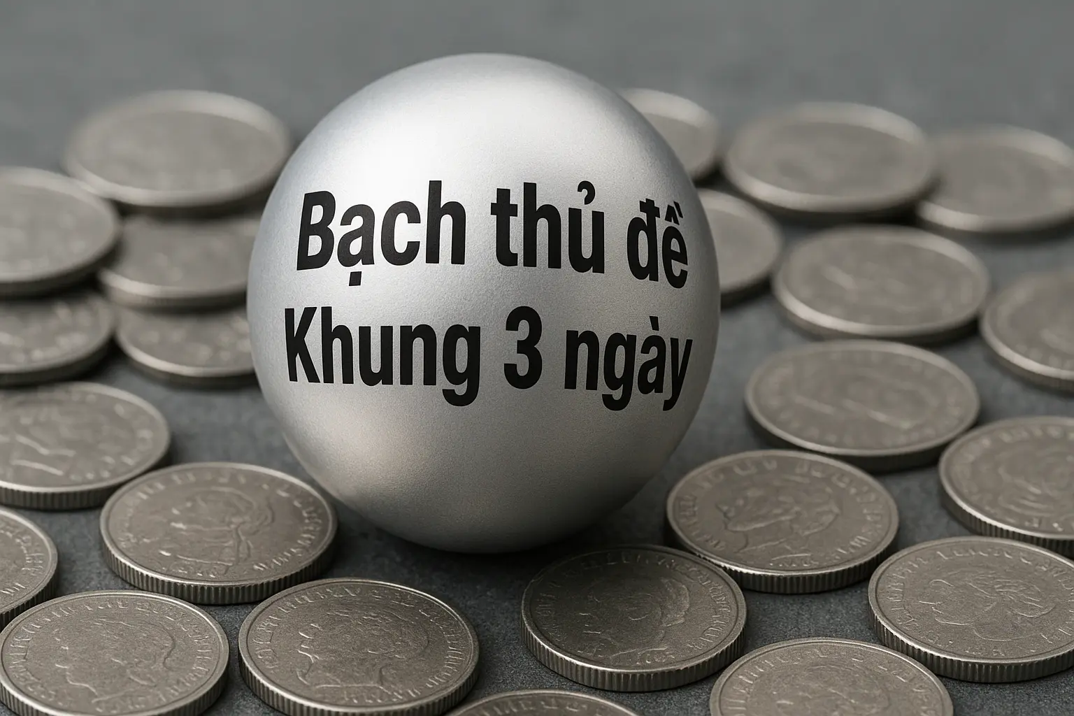 Quả cầu xổ số màu bạc in chữ "Bạch thủ đề Khung 3 ngày" bao quanh bởi những đồng xu bạc – hình ảnh soi cầu xổ số may mắn.
