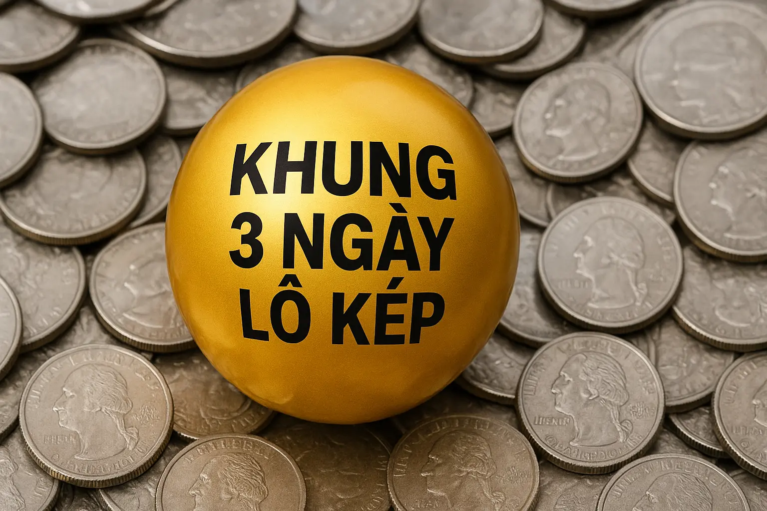 Quả cầu xổ số màu vàng với dòng chữ “KHUNG 3 NGÀY LÔ KÉP”, xung quanh là những đồng tiền xu bạc sáng bóng, thể hiện chủ đề may mắn và tài lộc.