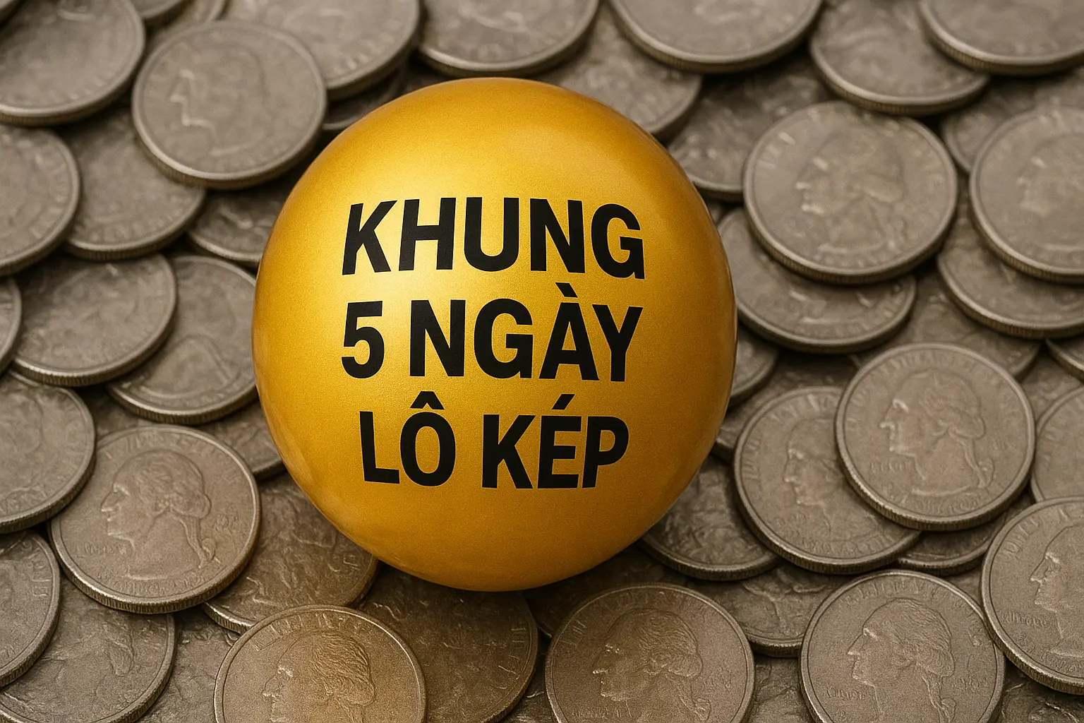 Quả cầu xổ số màu vàng có dòng chữ “KHUNG 5 NGÀY LÔ KÉP”, xung quanh là những đồng xu bạc sáng bóng, thể hiện chủ đề tài vận và cơ hội trúng thưởng.