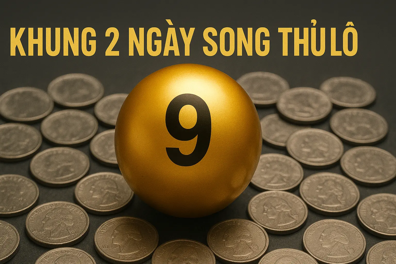 Quả cầu xổ số màu vàng kim nằm giữa những đồng tiền xu bạc, phía trên có dòng chữ “KHUNG 2 NGÀY SONG THỦ LÔ” nổi bật trên nền tối.