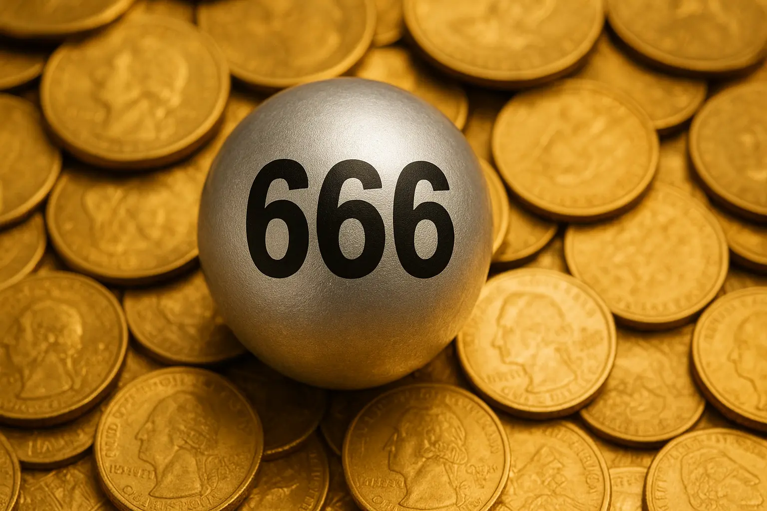 Quả cầu xổ số bạc số 666 giữa những đồng tiền vàng, biểu tượng may mắn cho soi cầu 3 càng hôm nay.