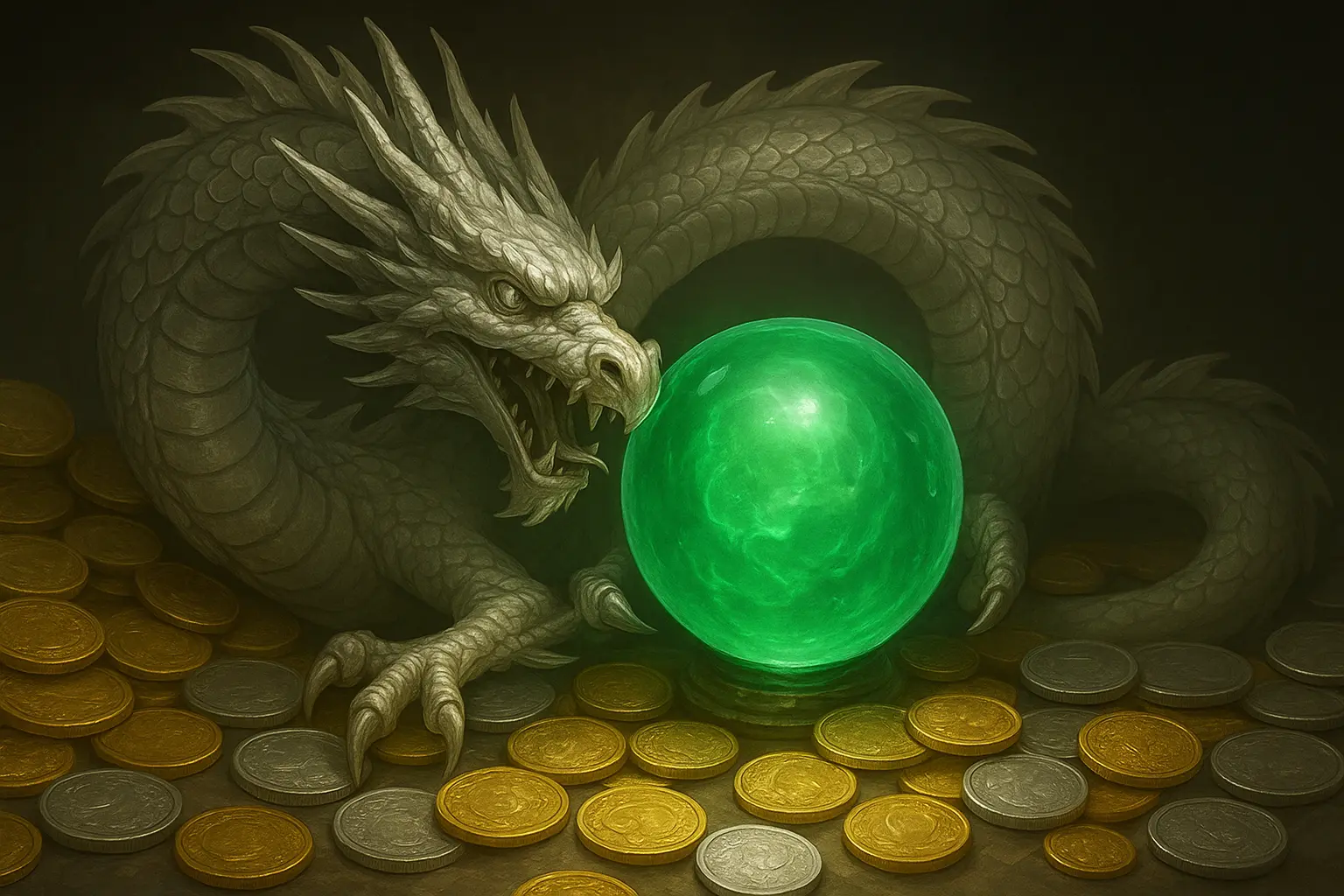 Hình ảnh rồng bạch kim đang giữ quả cầu tiên tri màu ngọc xanh, xung quanh là những đồng xu vàng và bạc tượng trưng cho may mắn và tài lộc trong soi cầu XSMB hôm nay.